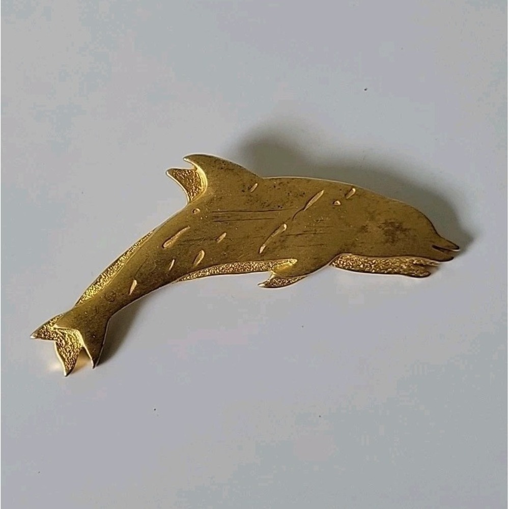 JJ‎ Jonette Signed Dolphin Brooch Pin Vintage Gold Tone Beach Porpoise Sealife